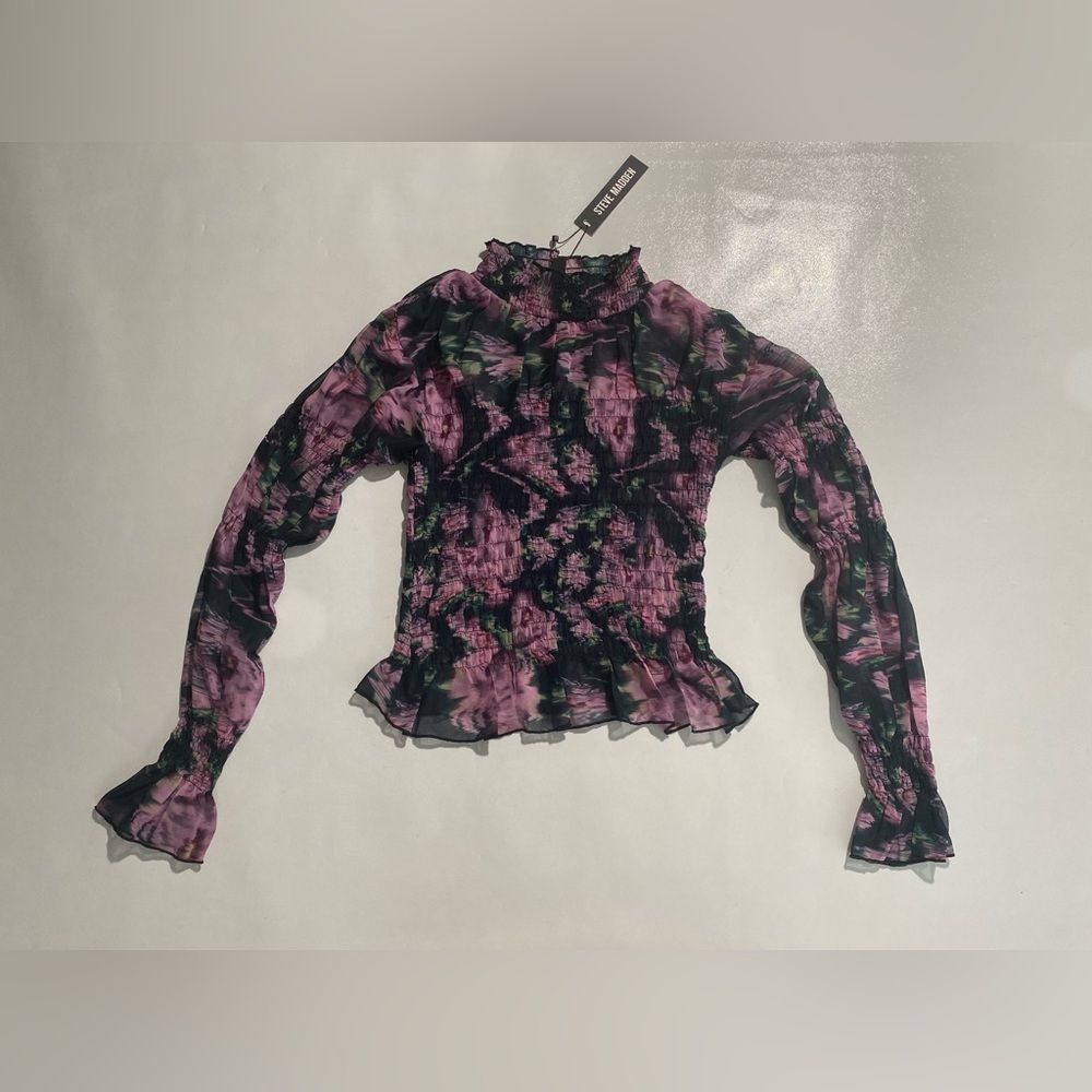 NEW Steve Madden Womens Presley Smocked Long Sleeve Top Blouse Rose $69 - Picture 3 of 10